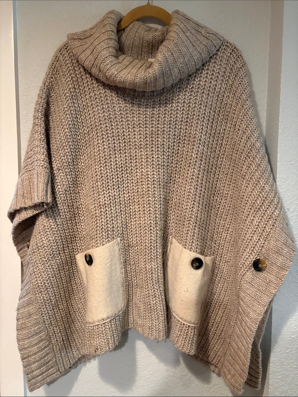 Anthropologie Cream Turtleneck Pocket Poncho Sweater